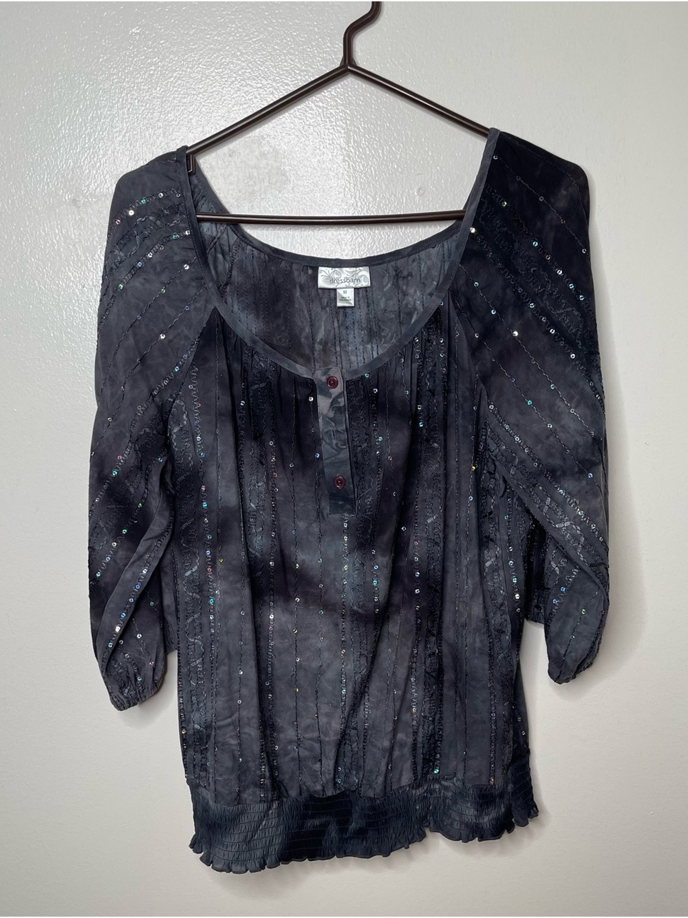 dressbarn Black Beaded Pintuck Scoop-Neck Blouse